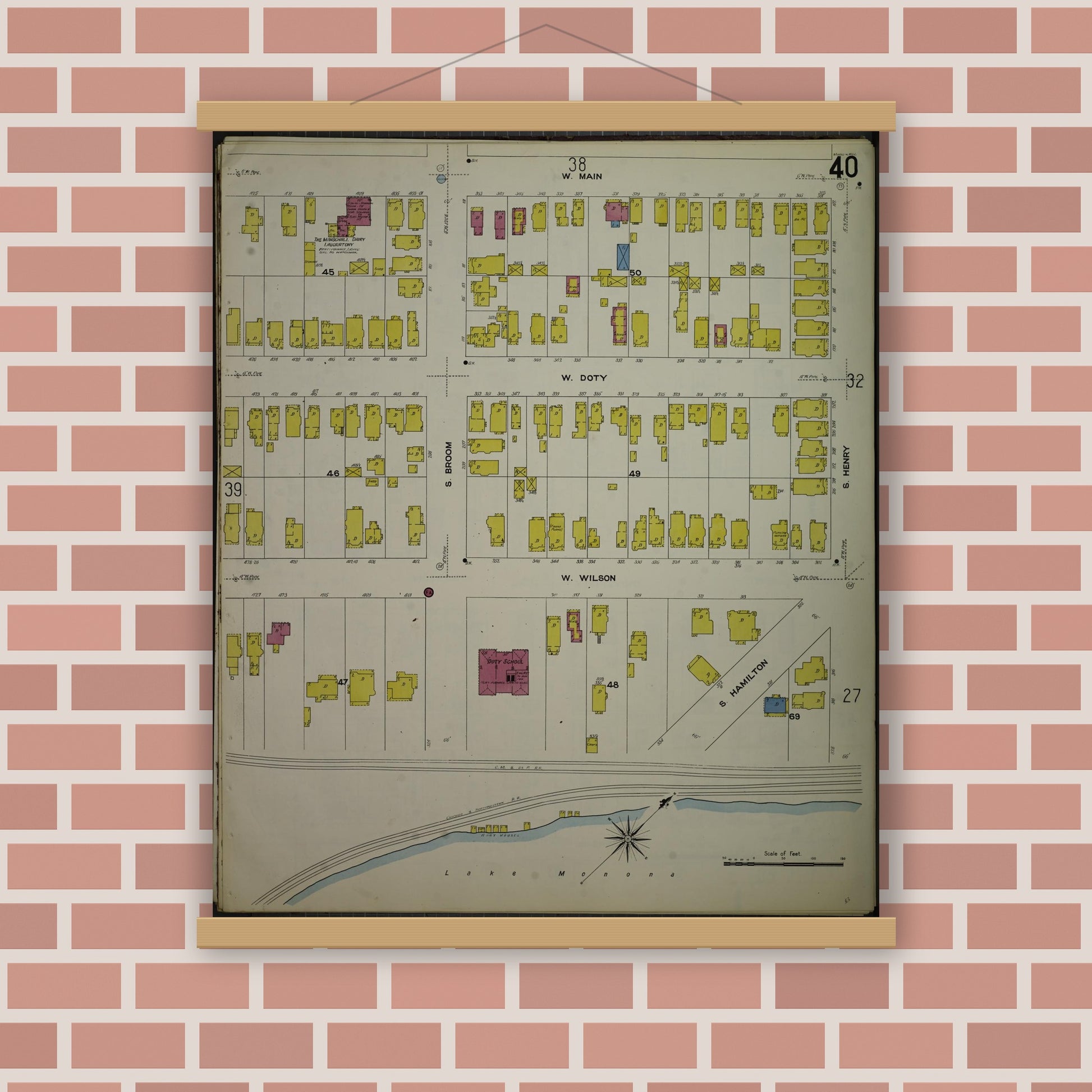 Old map wall art mockup — magnetic wood frame on brick wall — Sanborn Fire Insurance Map from Madison, Dane County, Wisconsin (1908), Sheet #0040