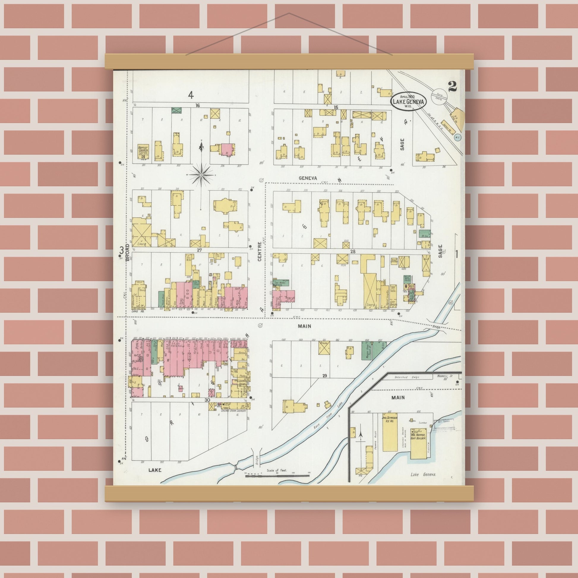 Old map wall art mockup — magnetic wood frame on brick wall — Sanborn Fire Insurance Map from Lake Geneva, Walworth County, Wisconsin (1900) - Complete Map Set