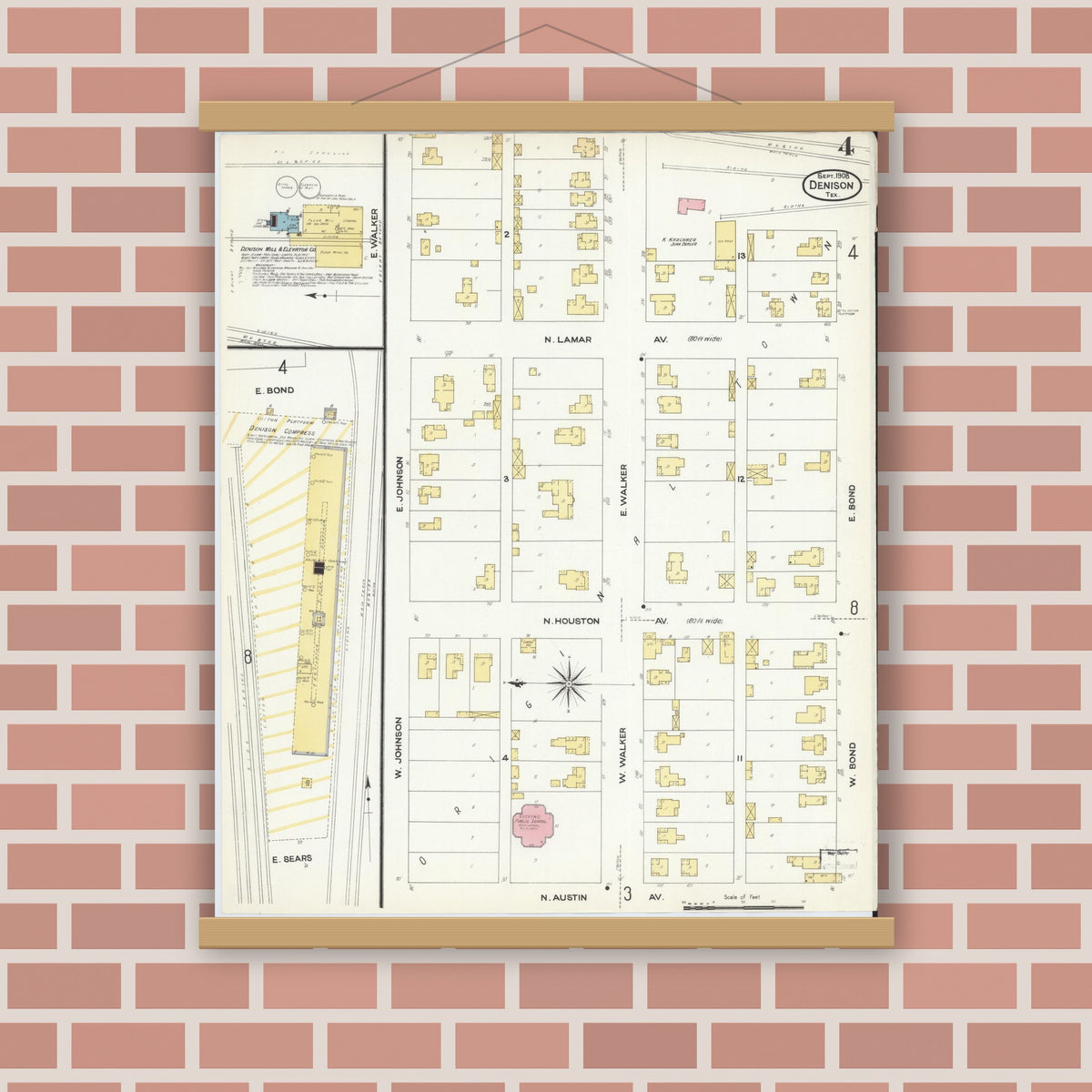 Old map wall art mockup — magnetic wood frame on brick wall — Sanborn Fire Insurance Map from Denison, Grayson County, Texas (1908), Sheet #0004