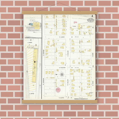 Old map wall art mockup — magnetic wood frame on brick wall — Sanborn Fire Insurance Map from Denison, Grayson County, Texas (1908), Sheet #0004