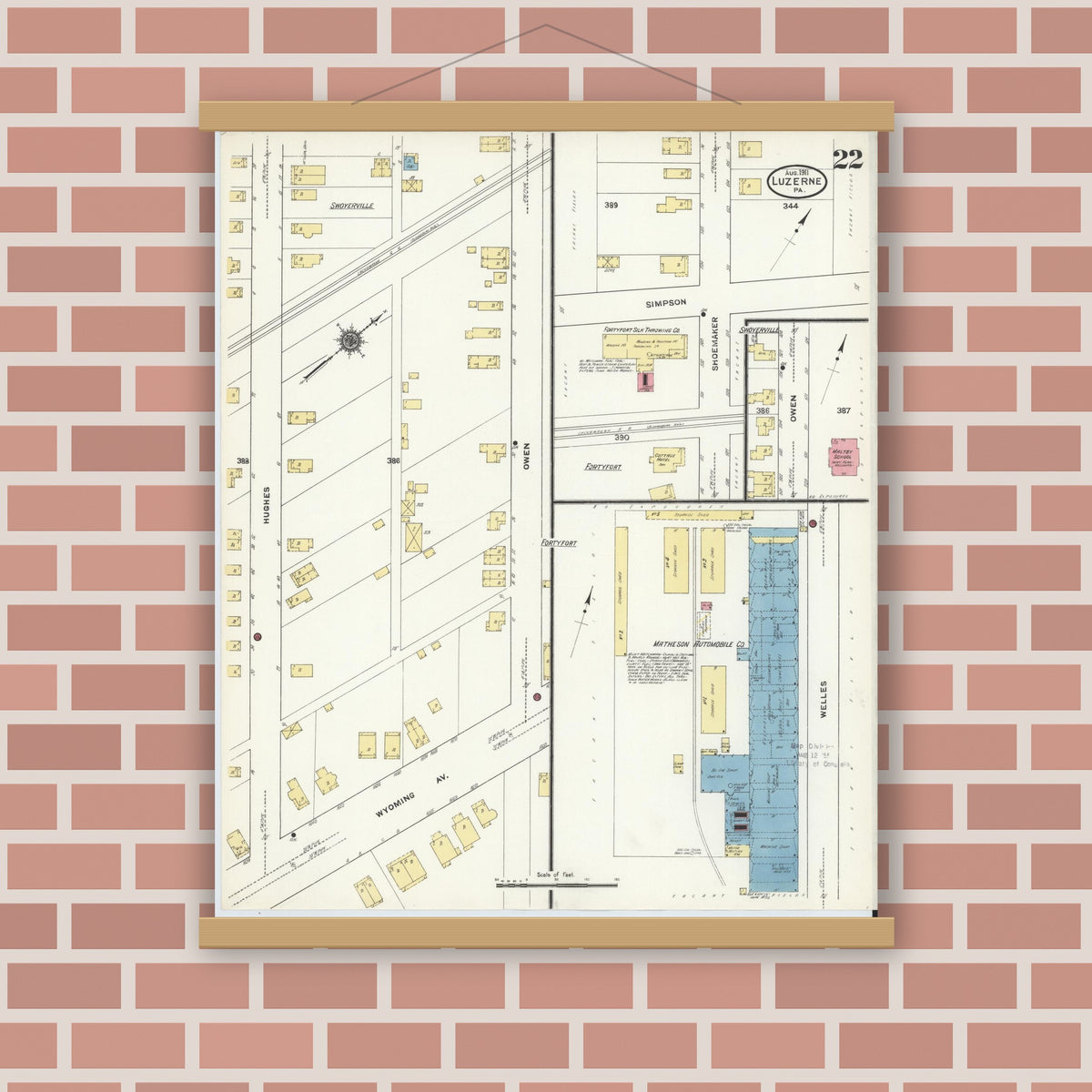 Old map wall art mockup — magnetic wood frame on brick wall — Sanborn Fire Insurance Map from Luzerne, Luzerne County, Pennsylvania (1911), Sheet #0022