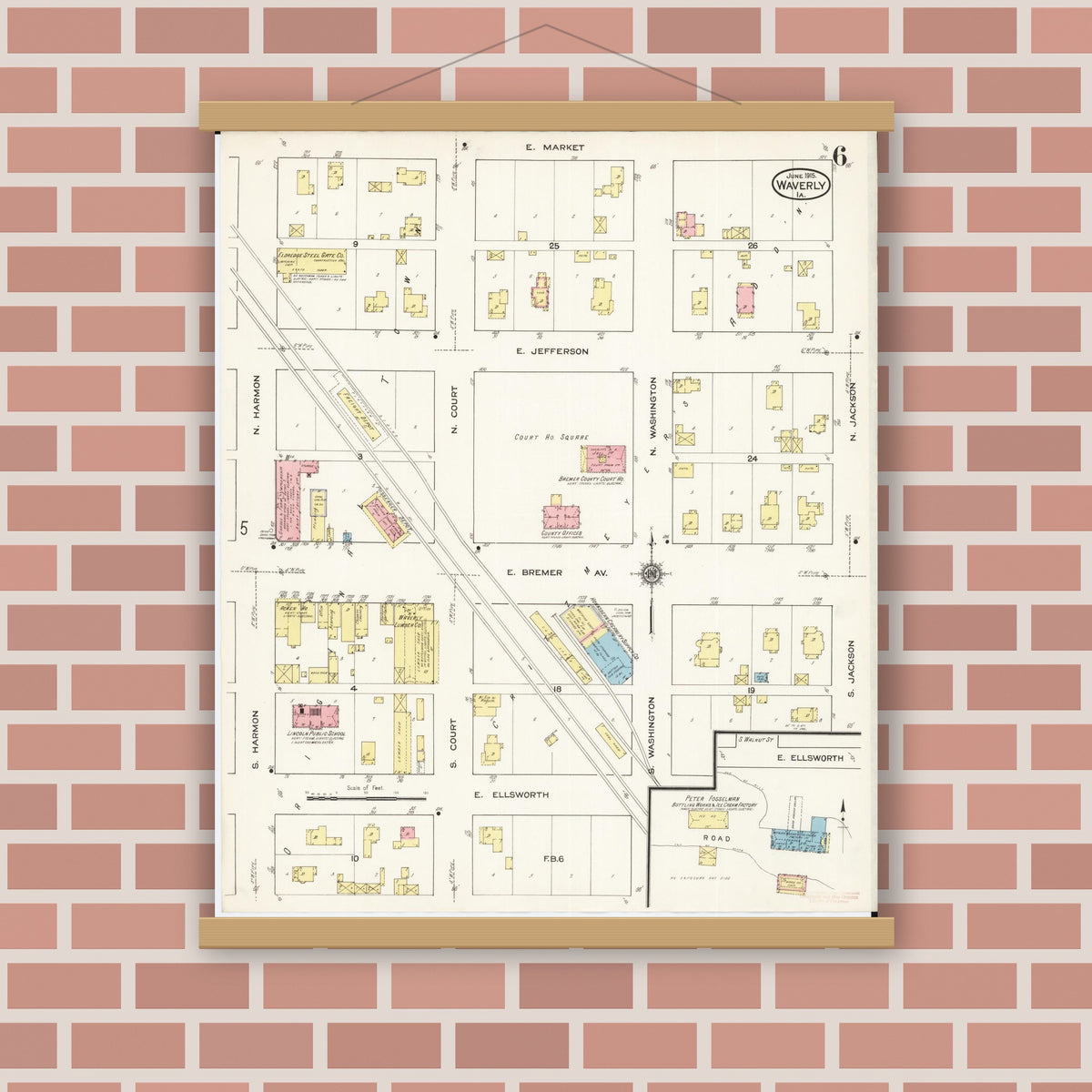 Old map wall art mockup — magnetic wood frame on brick wall — Sanborn Fire Insurance Map from Waverly, Bremer County, Iowa (1915), Sheet #0006