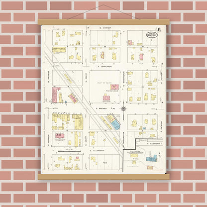 Old map wall art mockup — magnetic wood frame on brick wall — Sanborn Fire Insurance Map from Waverly, Bremer County, Iowa (1915), Sheet #0006