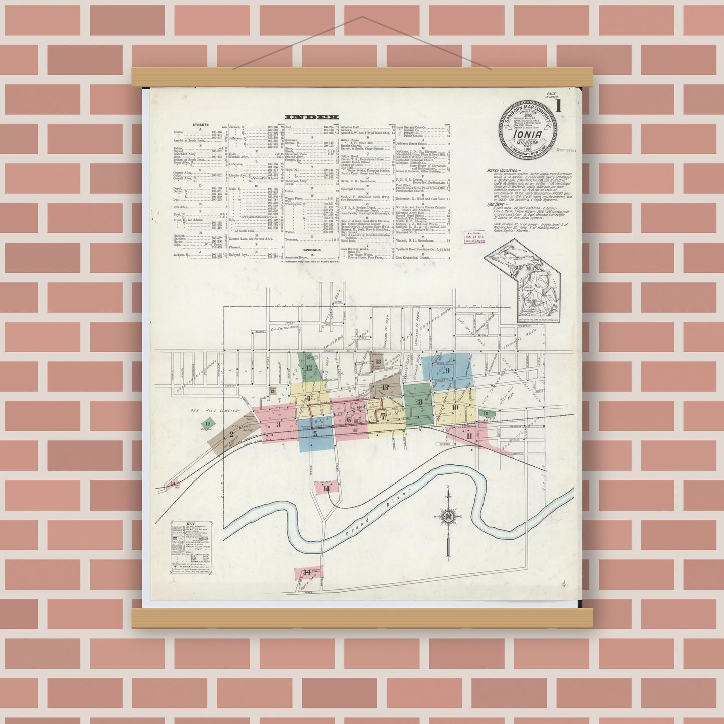 Old map wall art mockup — magnetic wood frame on brick wall — Sanborn Fire Insurance Map from Ionia, Ionia County, Michigan (1914) - Complete Map Set