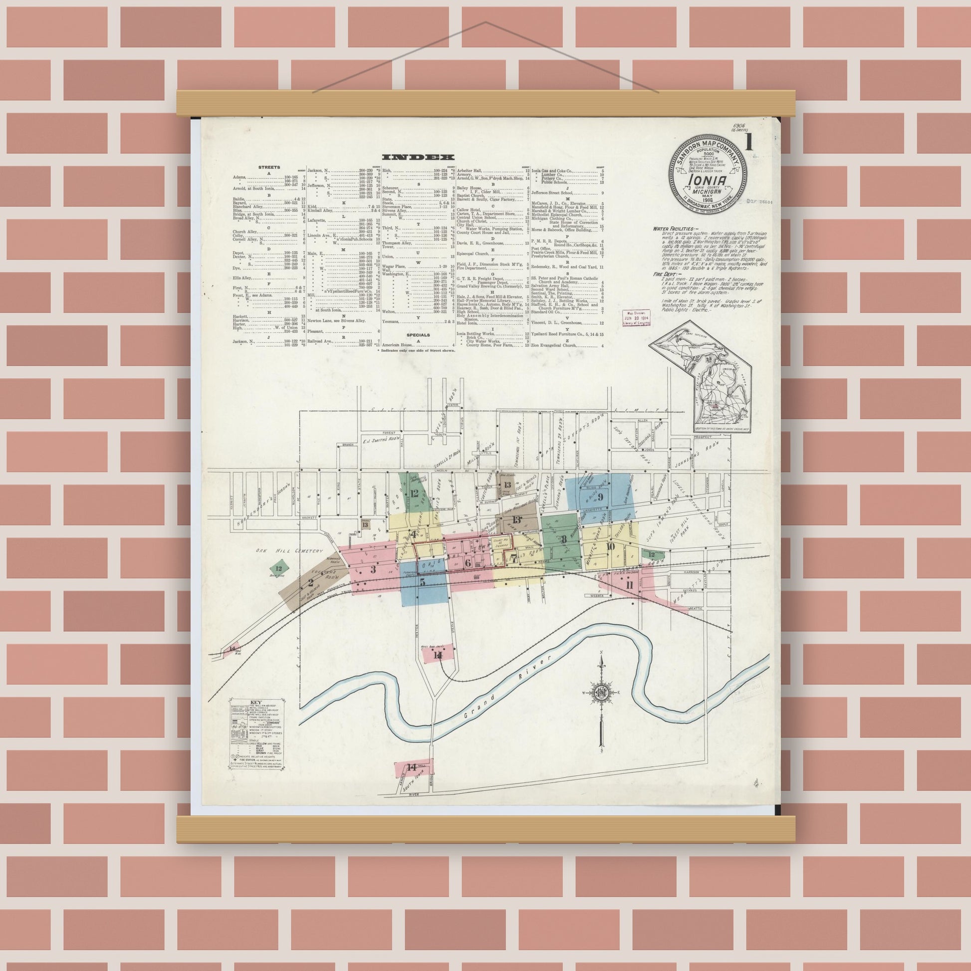 Old map wall art mockup — magnetic wood frame on brick wall — Sanborn Fire Insurance Map from Ionia, Ionia County, Michigan (1914) - Complete Map Set