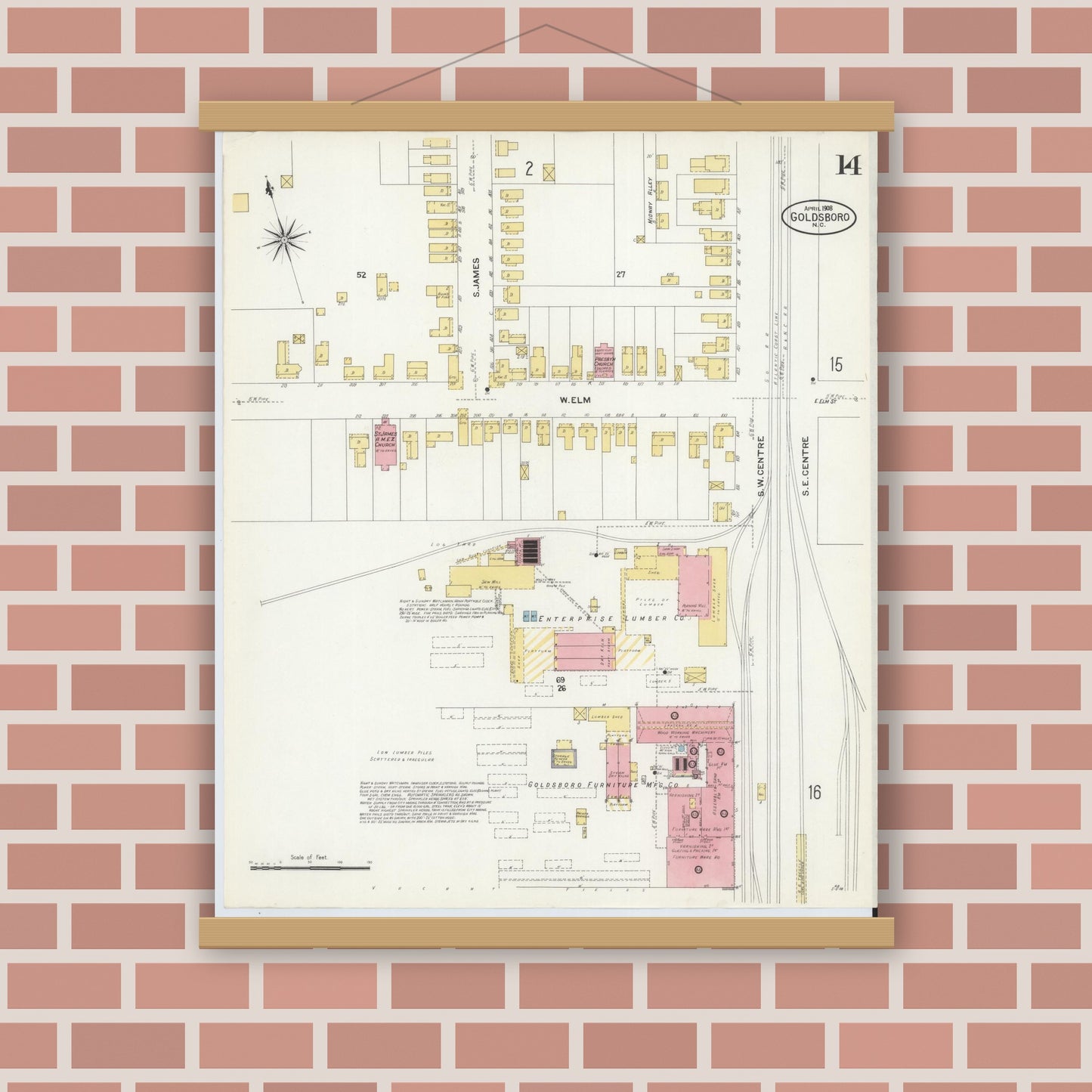 Old map wall art mockup — magnetic wood frame on brick wall — Sanborn Fire Insurance Map from Goldsboro, Wayne County, North Carolina (1908), Sheet #0014