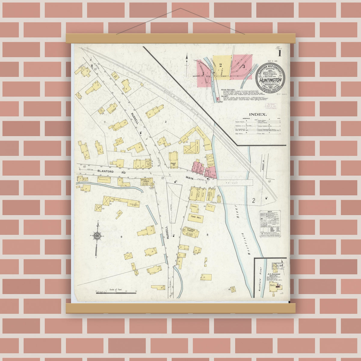 Old map wall art mockup — magnetic wood frame on brick wall — Sanborn Fire Insurance Map from Huntington, Hampshire County, Massachusetts (1912) - Complete Map Set