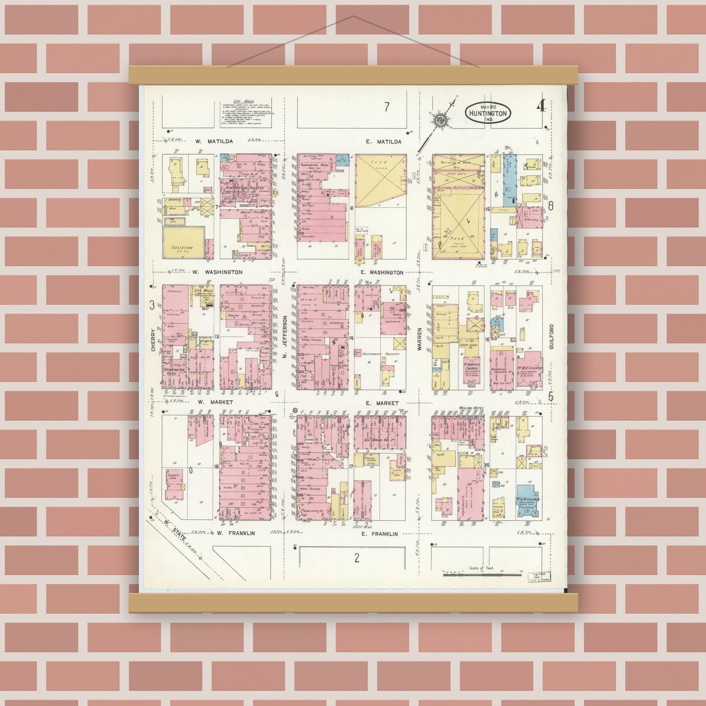 Old map wall art mockup — magnetic wood frame on brick wall — Sanborn Fire Insurance Map from Huntington, Huntington County, Indiana (1912), Sheet #0004