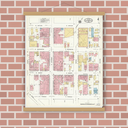 Old map wall art mockup — magnetic wood frame on brick wall — Sanborn Fire Insurance Map from Huntington, Huntington County, Indiana (1912), Sheet #0004