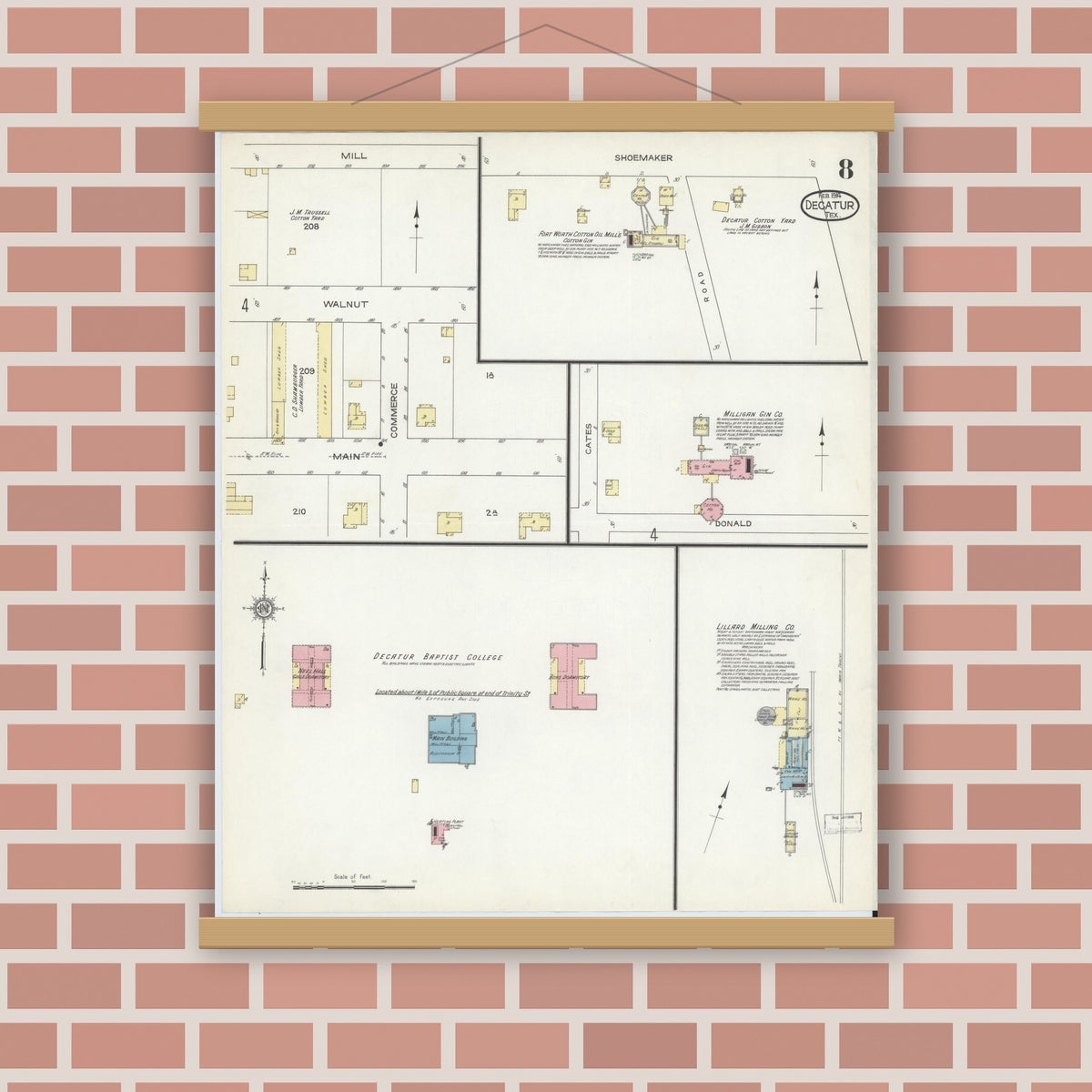 Old map wall art mockup — magnetic wood frame on brick wall — Sanborn Fire Insurance Map from Decatur, Wise County, Texas (1914), Sheet #0008