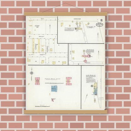 Old map wall art mockup — magnetic wood frame on brick wall — Sanborn Fire Insurance Map from Decatur, Wise County, Texas (1914), Sheet #0008