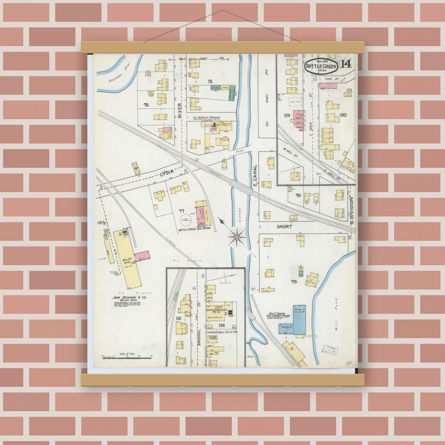 Old map wall art mockup — magnetic wood frame on brick wall — Sanborn Fire Insurance Map from Battle Creek, Calhoun County, Michigan (1892), Sheet #0014