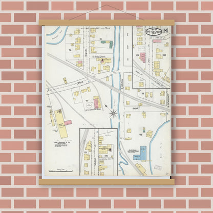 Old map wall art mockup — magnetic wood frame on brick wall — Sanborn Fire Insurance Map from Battle Creek, Calhoun County, Michigan (1892), Sheet #0014