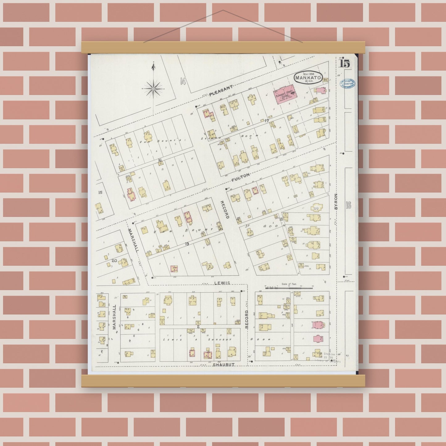 Old map wall art mockup — magnetic wood frame on brick wall — Sanborn Fire Insurance Map from Mankato, Blue Earth County, Minnesota (1894), Sheet #0015