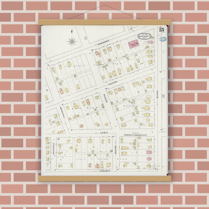 Old map wall art mockup — magnetic wood frame on brick wall — Sanborn Fire Insurance Map from Mankato, Blue Earth County, Minnesota (1894), Sheet #0015