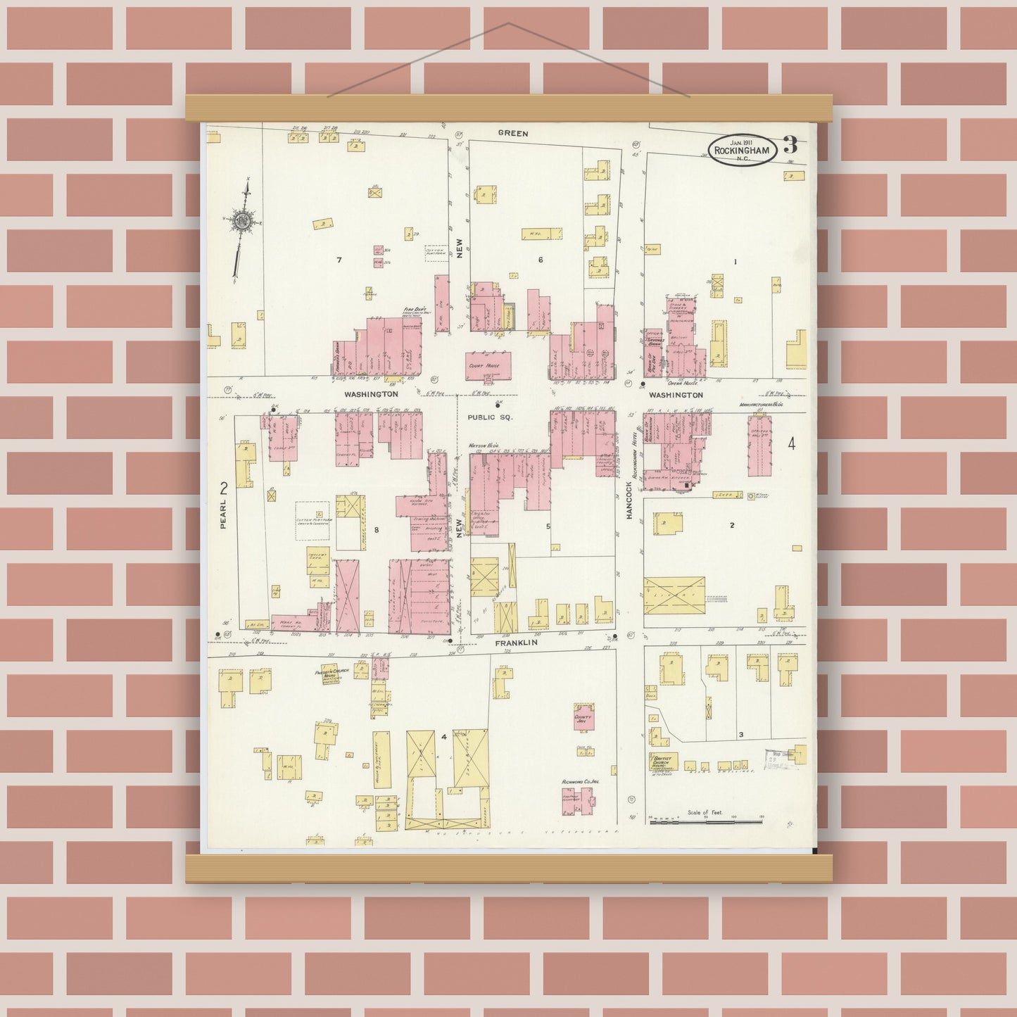 Old map wall art mockup — magnetic wood frame on brick wall — Sanborn Fire Insurance Map from Rockingham, Richmond County, North Carolina (1911), Sheet #0003