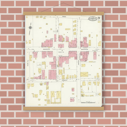 Old map wall art mockup — magnetic wood frame on brick wall — Sanborn Fire Insurance Map from Rockingham, Richmond County, North Carolina (1911), Sheet #0003