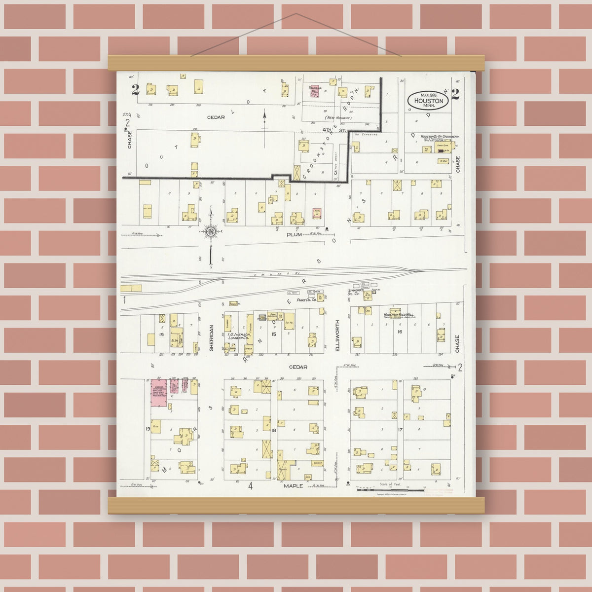 Old map wall art mockup — magnetic wood frame on brick wall — Sanborn Fire Insurance Map from Houston, Houston County, Minnesota (1926), Sheet #0002