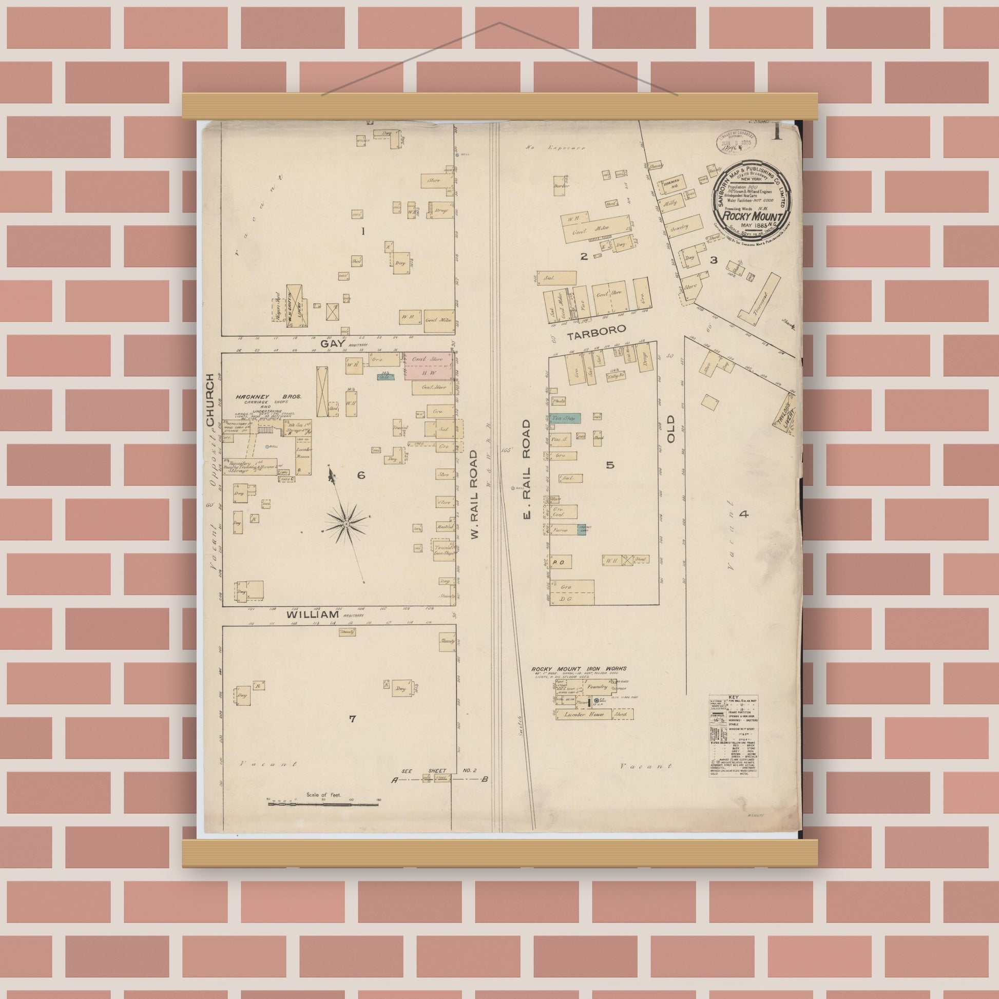 Old map wall art mockup — magnetic wood frame on brick wall — Sanborn Fire Insurance Map from Rocky Mount, Edgecombe And Nash Counties, North Carolina (1885) - Complete Map Set