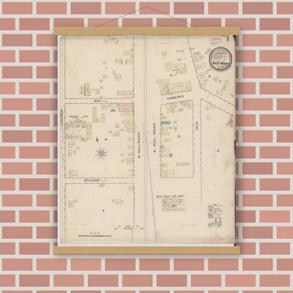 Old map wall art mockup — magnetic wood frame on brick wall — Sanborn Fire Insurance Map from Rocky Mount, Edgecombe And Nash Counties, North Carolina (1885) - Complete Map Set