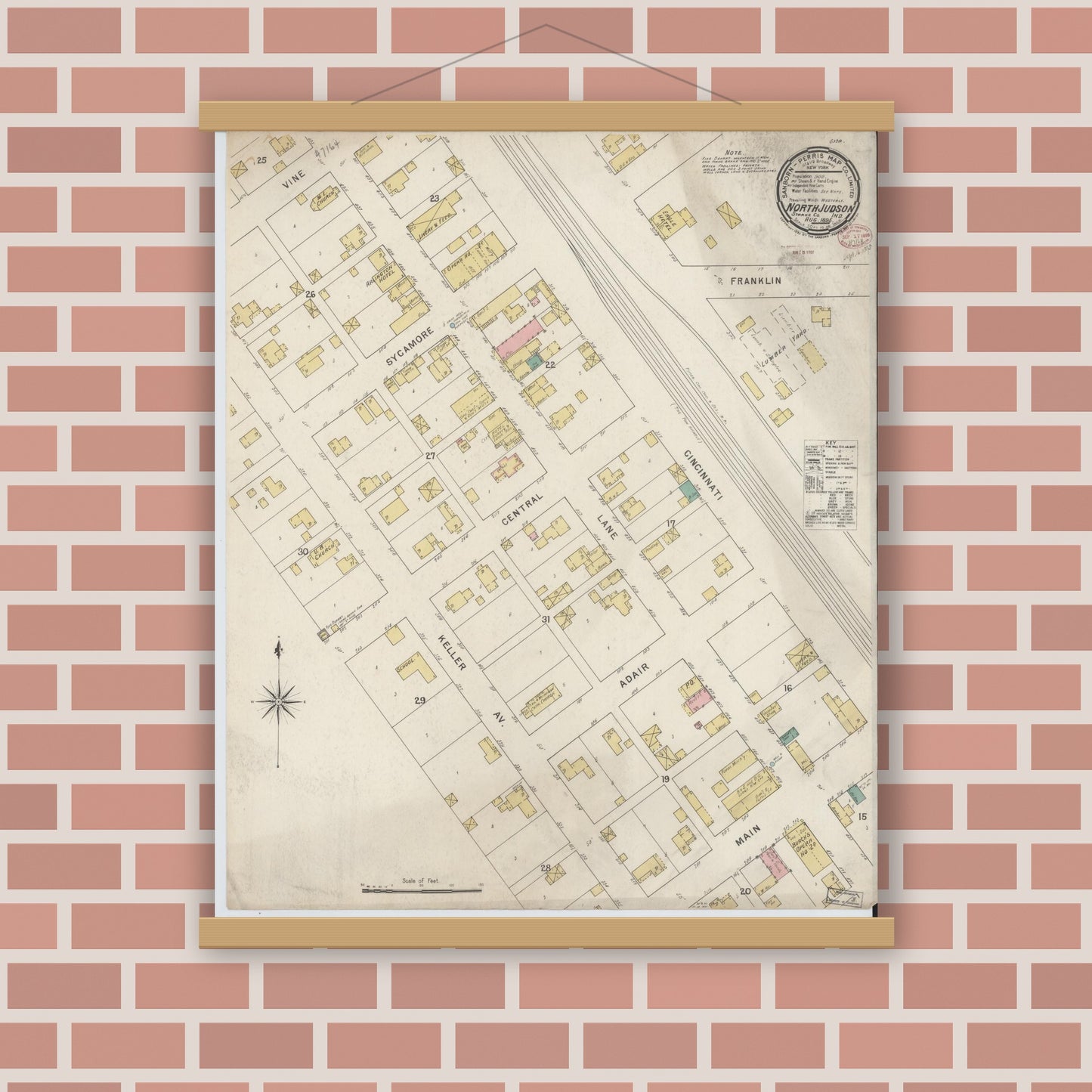 Old map wall art mockup — magnetic wood frame on brick wall — Sanborn Fire Insurance Map from North Judson, Starke County, Indiana (1895), Sheet #0001