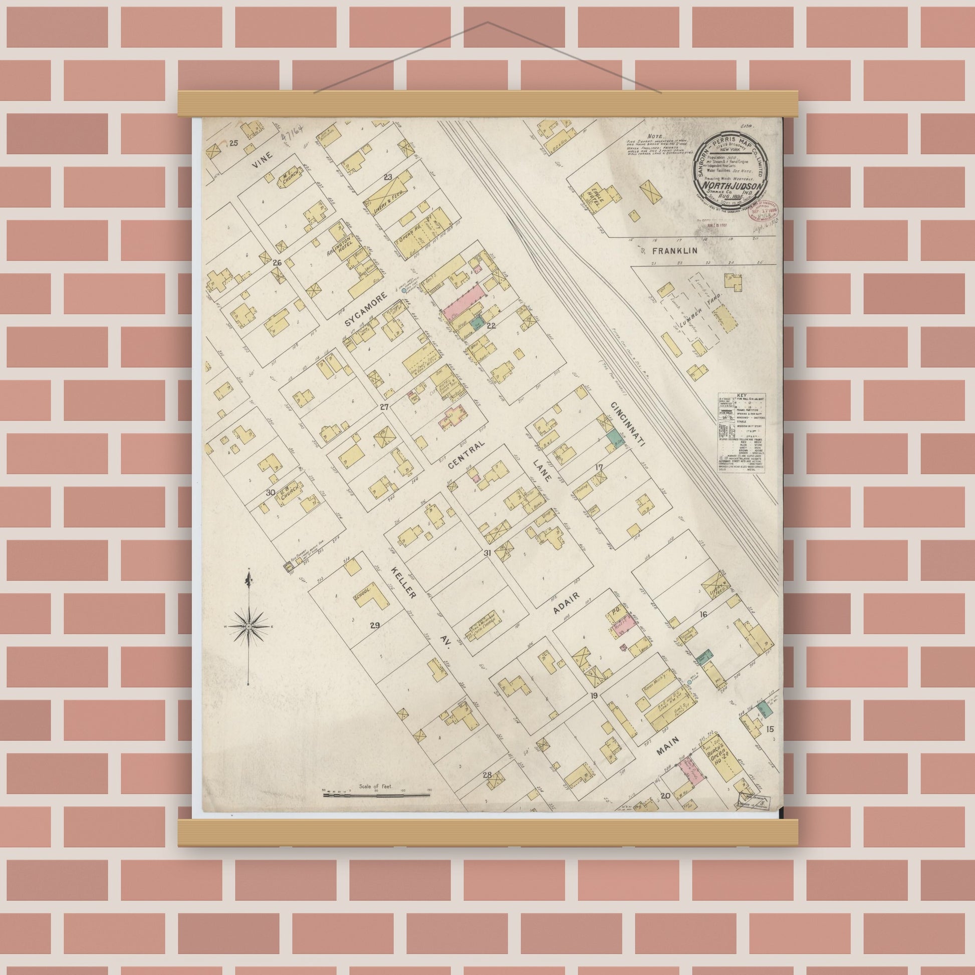 Old map wall art mockup — magnetic wood frame on brick wall — Sanborn Fire Insurance Map from North Judson, Starke County, Indiana (1895), Sheet #0001