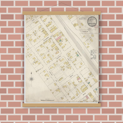 Old map wall art mockup — magnetic wood frame on brick wall — Sanborn Fire Insurance Map from North Judson, Starke County, Indiana (1895), Sheet #0001