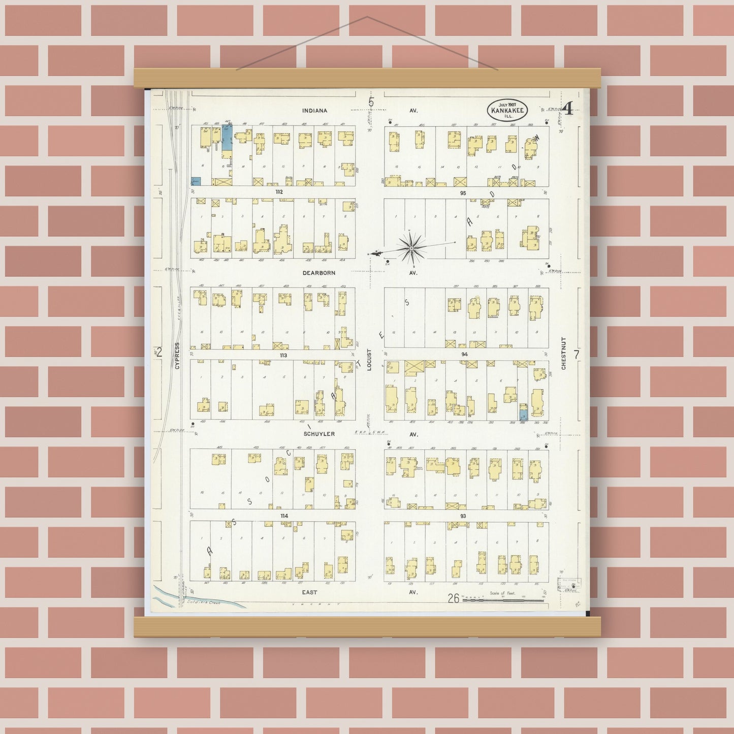 Old map wall art mockup — magnetic wood frame on brick wall — Sanborn Fire Insurance Map from Kankakee, Kankakee County, Illinois (1907), Sheet #0004