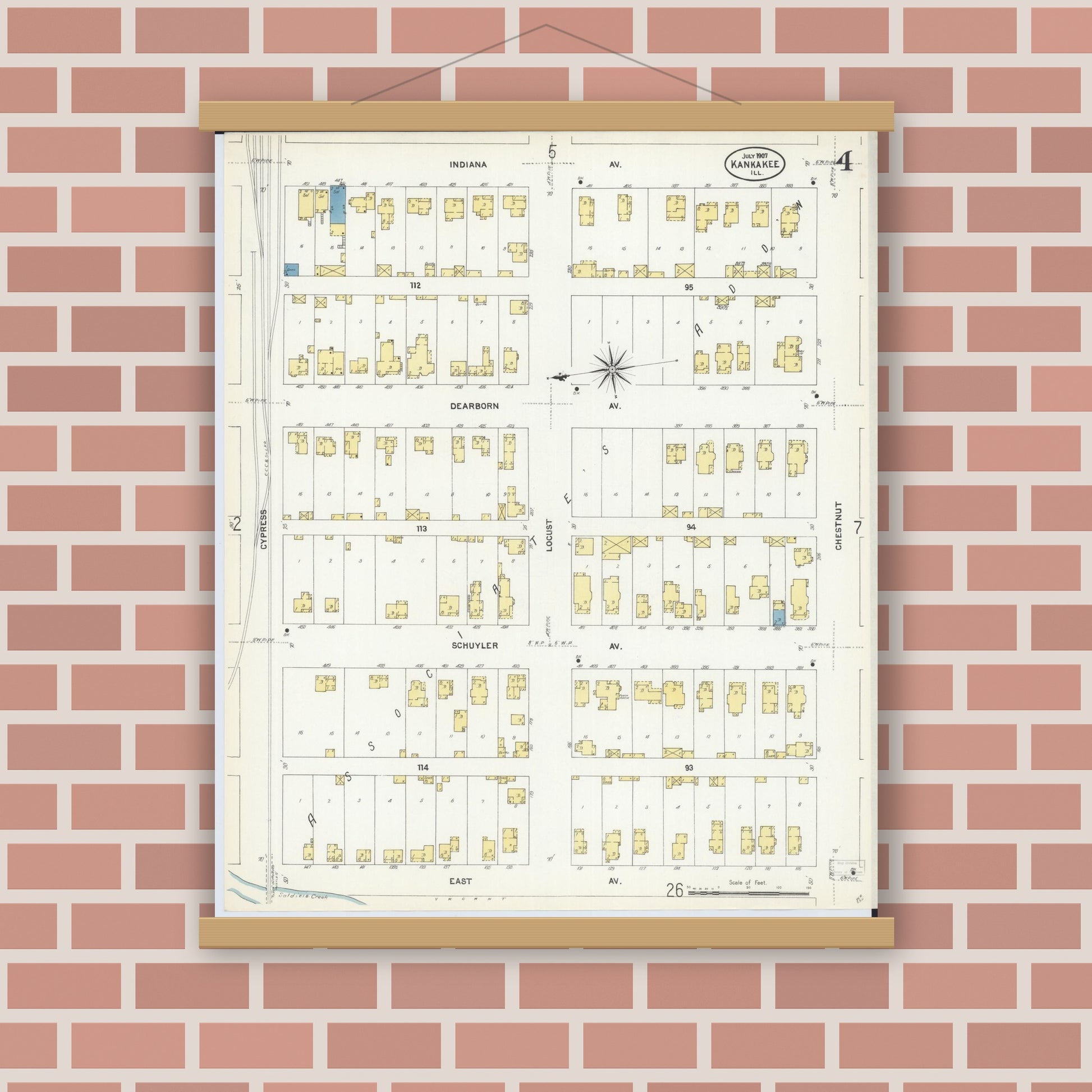 Old map wall art mockup — magnetic wood frame on brick wall — Sanborn Fire Insurance Map from Kankakee, Kankakee County, Illinois (1907), Sheet #0004