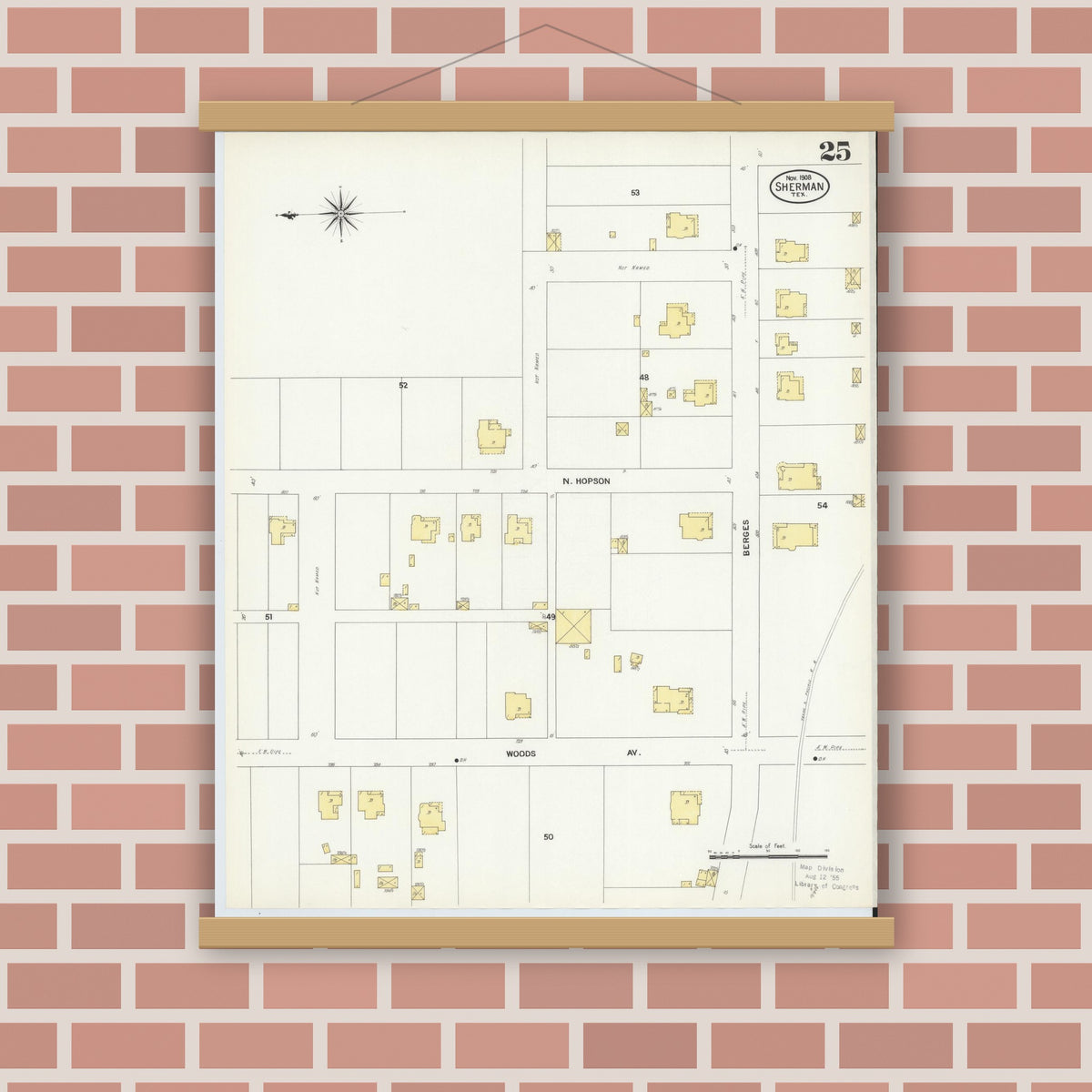 Old map wall art mockup — magnetic wood frame on brick wall — Sanborn Fire Insurance Map from Sherman, Grayson County, Texas (1908), Sheet #0025