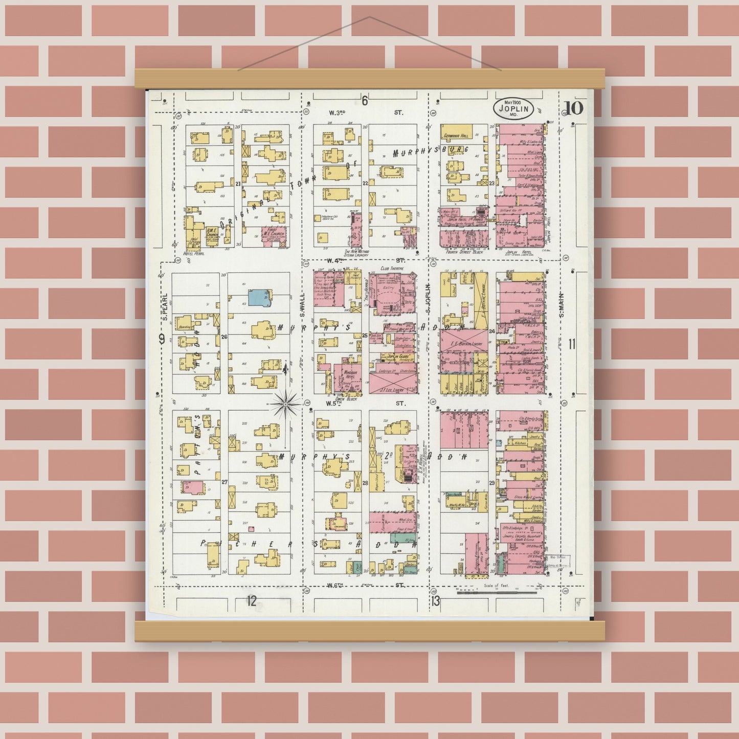 Old map wall art mockup — magnetic wood frame on brick wall — Sanborn Fire Insurance Map from Joplin, Jasper County, Missouri (1900), Sheet #0010