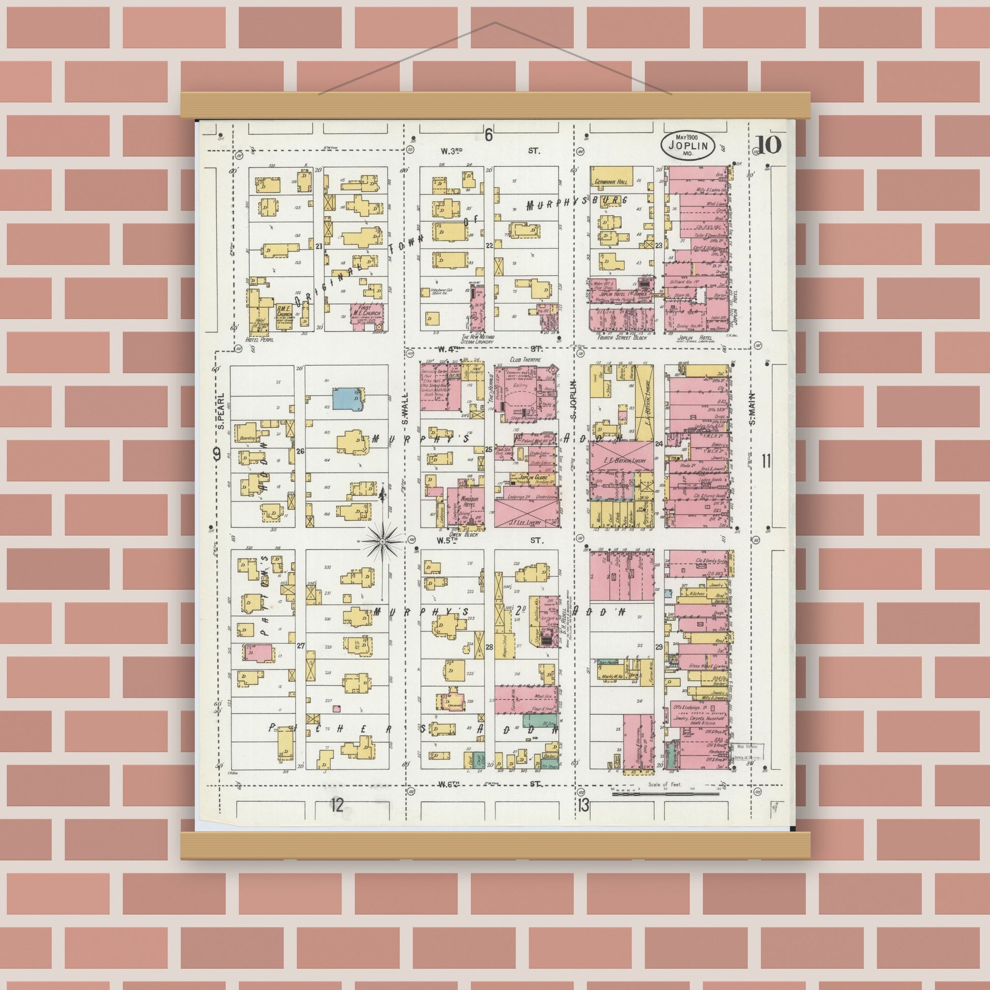 Old map wall art mockup — magnetic wood frame on brick wall — Sanborn Fire Insurance Map from Joplin, Jasper County, Missouri (1900), Sheet #0010