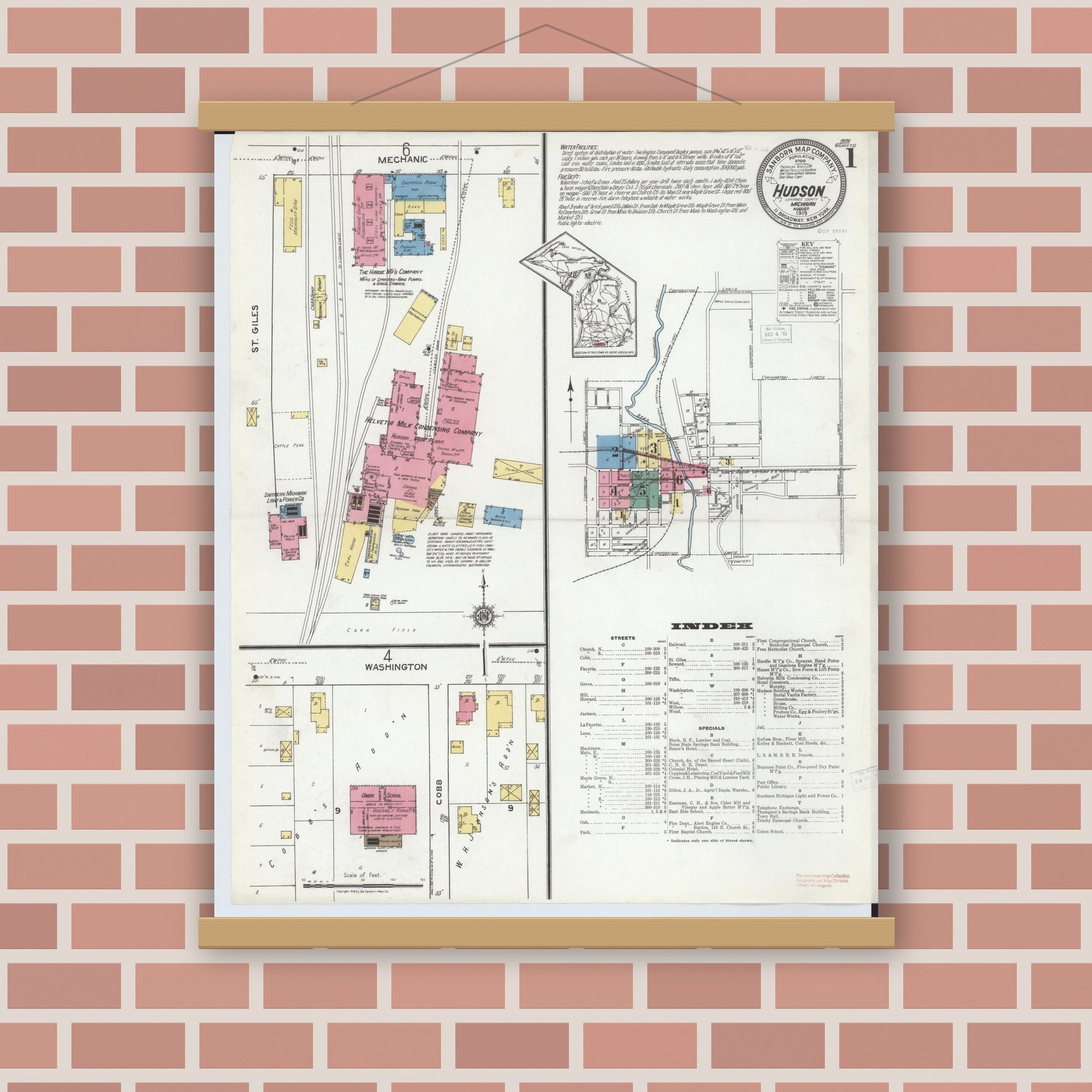 Old map wall art mockup — magnetic wood frame on brick wall — Sanborn Fire Insurance Map from Hudson, Lenawee County, Michigan (1919) - Complete Map Set