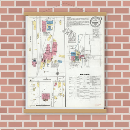 Old map wall art mockup — magnetic wood frame on brick wall — Sanborn Fire Insurance Map from Hudson, Lenawee County, Michigan (1919) - Complete Map Set