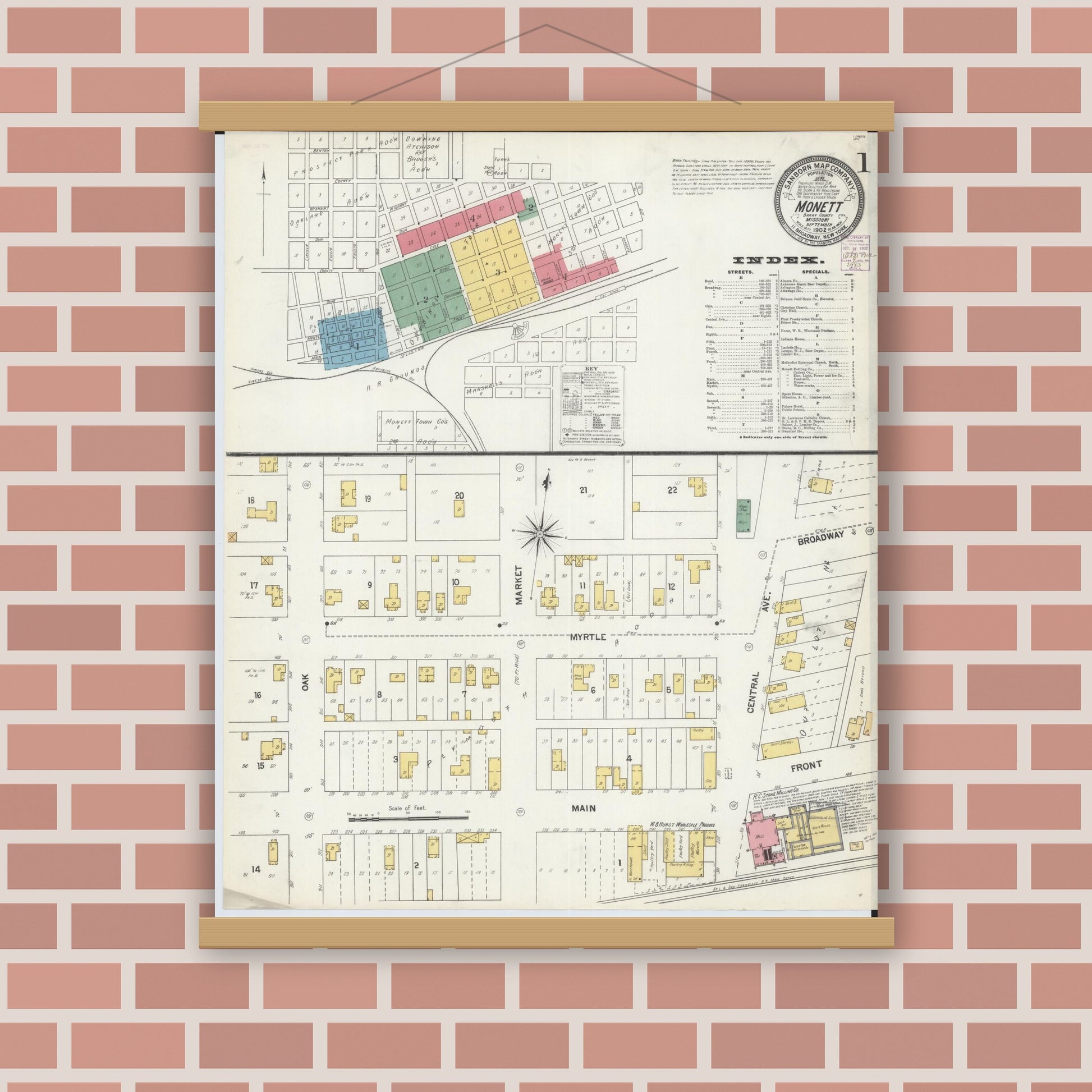 Old map wall art mockup — magnetic wood frame on brick wall — Sanborn Fire Insurance Map from Monett, Barry County, Missouri (1902) - Complete Map Set