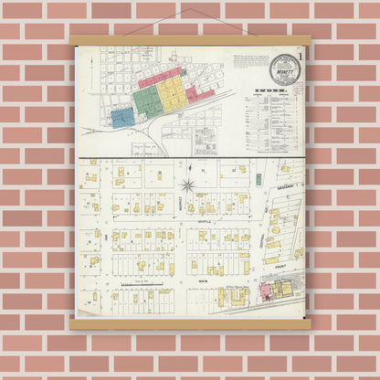 Old map wall art mockup — magnetic wood frame on brick wall — Sanborn Fire Insurance Map from Monett, Barry County, Missouri (1902) - Complete Map Set