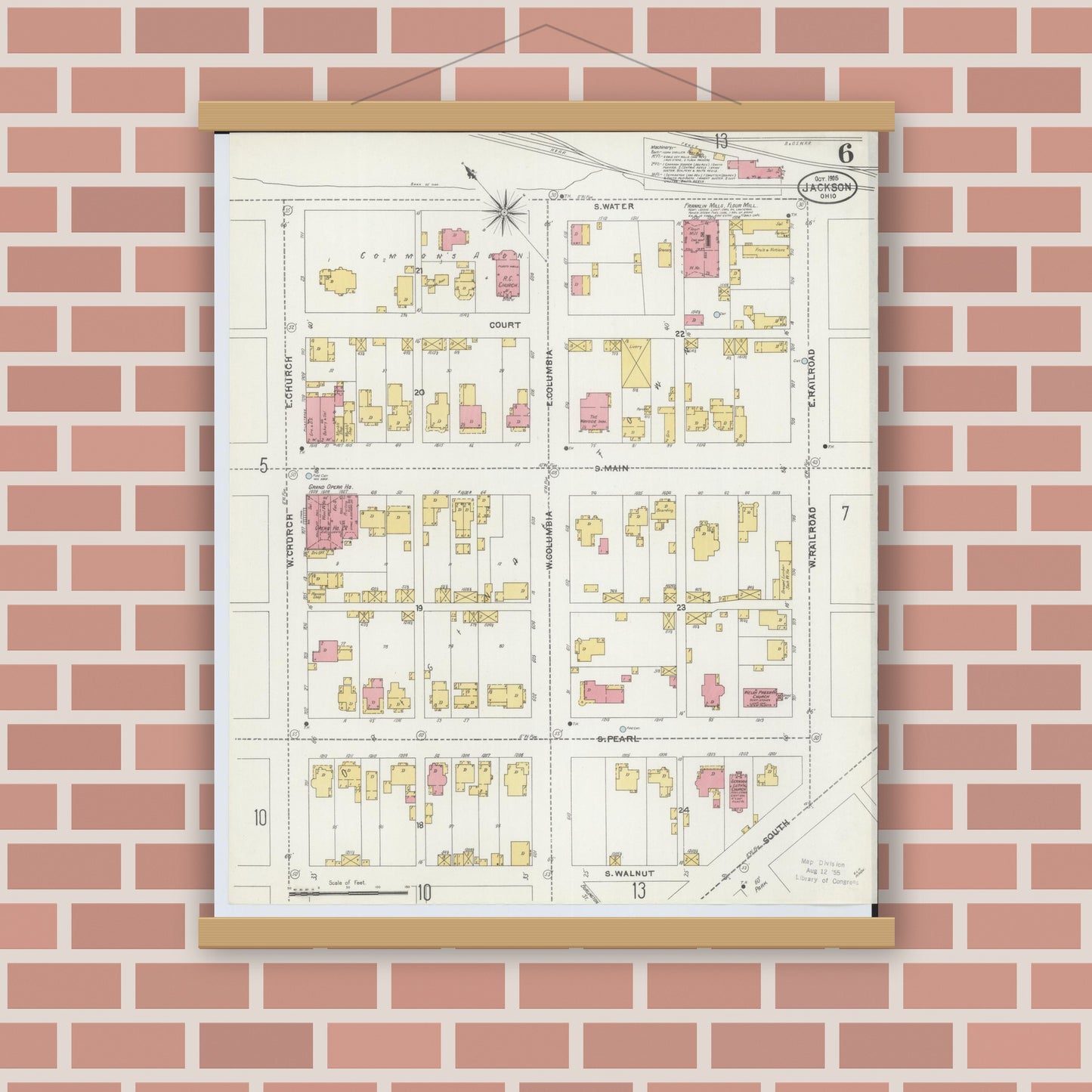 Old map wall art mockup — magnetic wood frame on brick wall — Sanborn Fire Insurance Map from Jackson, Jackson County, Ohio (1905), Sheet #0006
