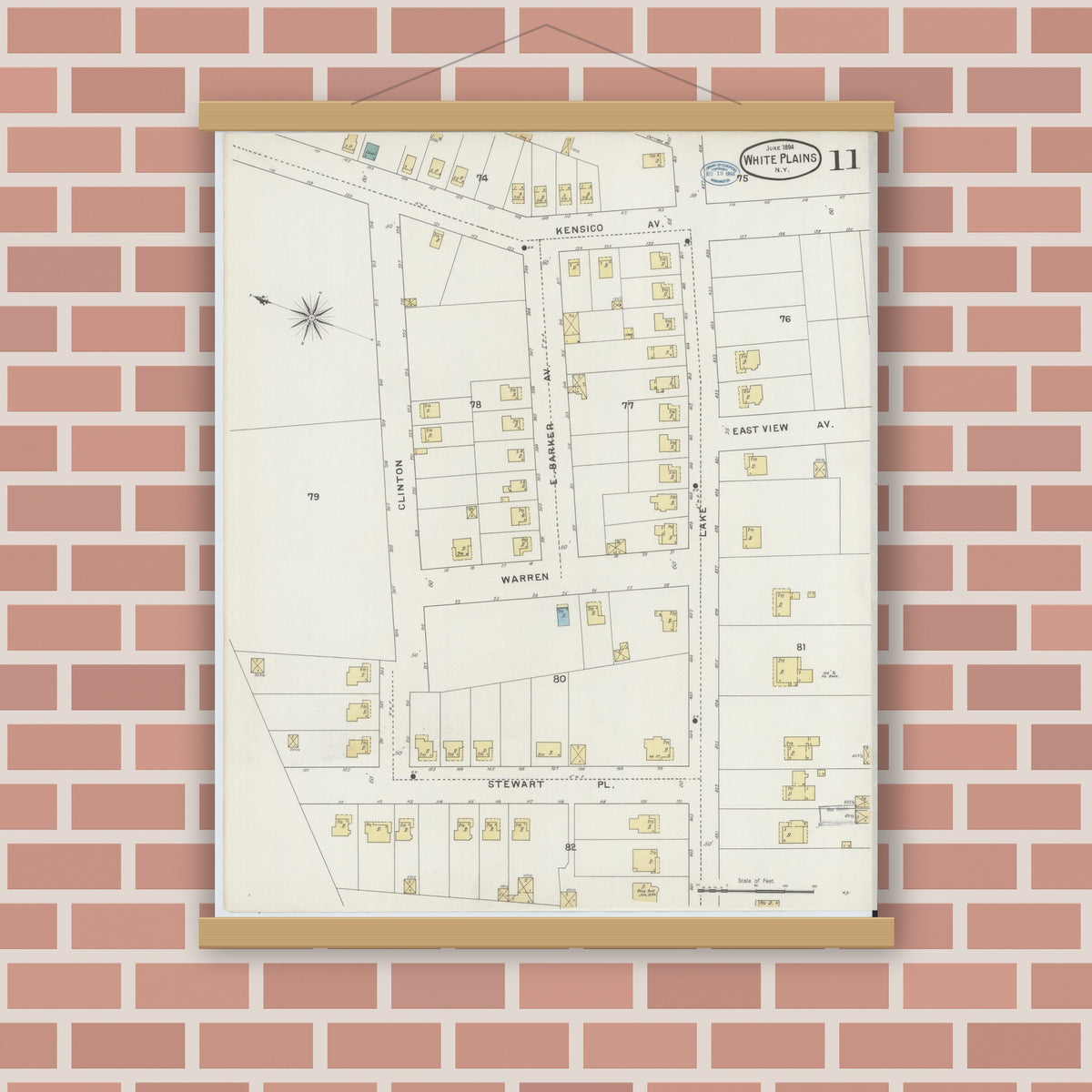 Old map wall art mockup — magnetic wood frame on brick wall — Sanborn Fire Insurance Map from White Plains, Westchester County, New York (1894), Sheet #0011