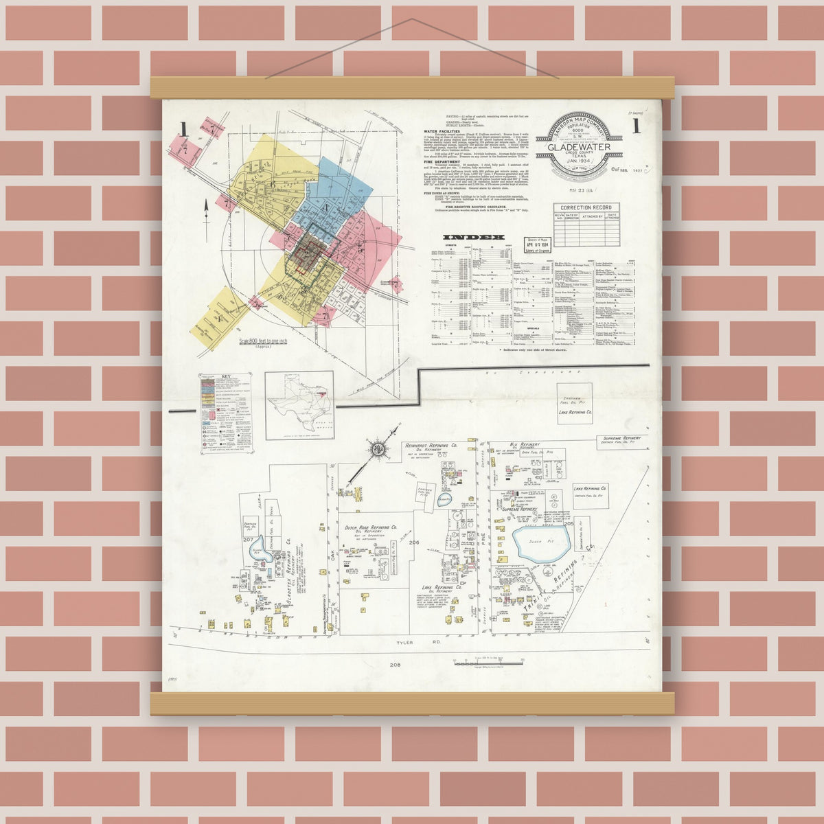 Old map wall art mockup — magnetic wood frame on brick wall — Sanborn Fire Insurance Map from Gladewater, Gregg County, Texas (1934) - Complete Map Set