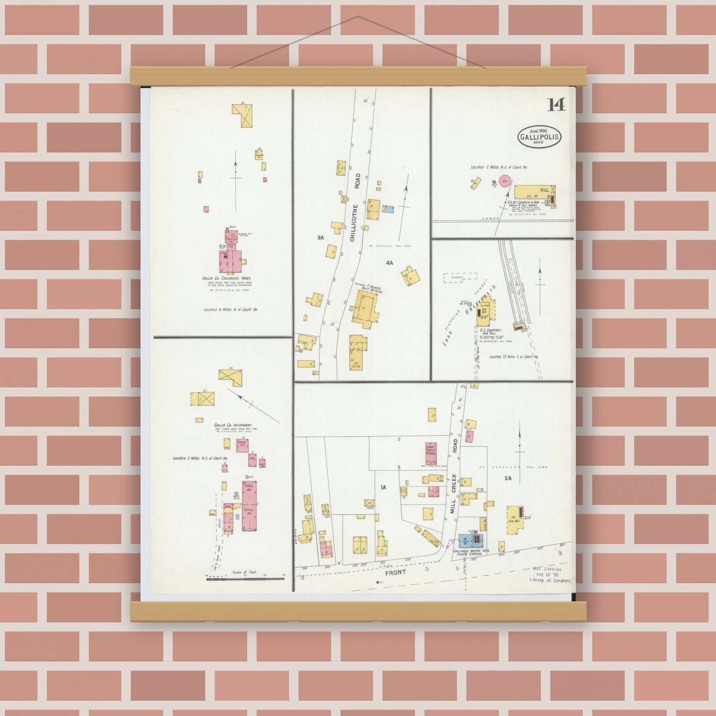 Old map wall art mockup — magnetic wood frame on brick wall — Sanborn Fire Insurance Map from Gallipolis, Gallia County, Ohio (1900), Sheet #0014