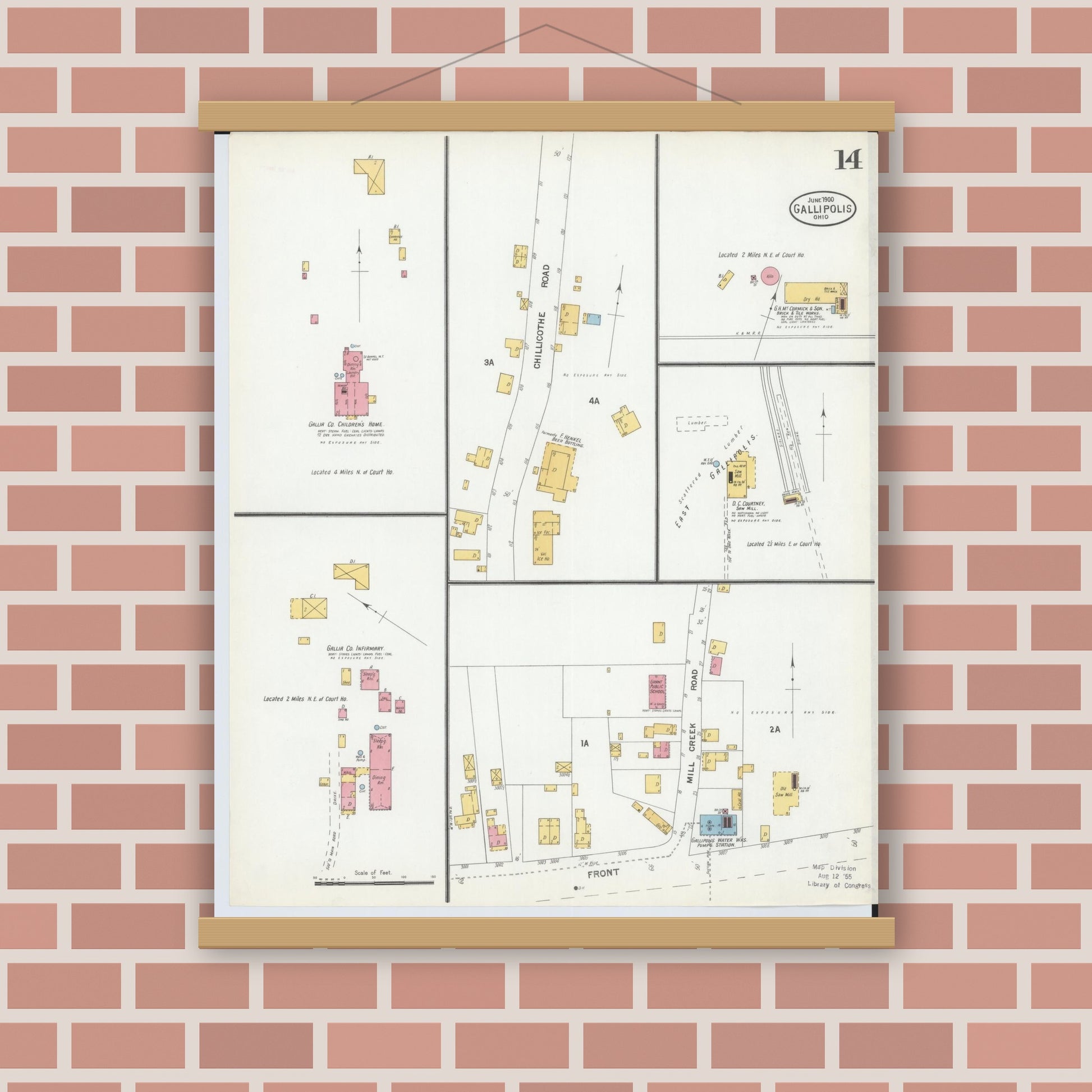 Old map wall art mockup — magnetic wood frame on brick wall — Sanborn Fire Insurance Map from Gallipolis, Gallia County, Ohio (1900), Sheet #0014