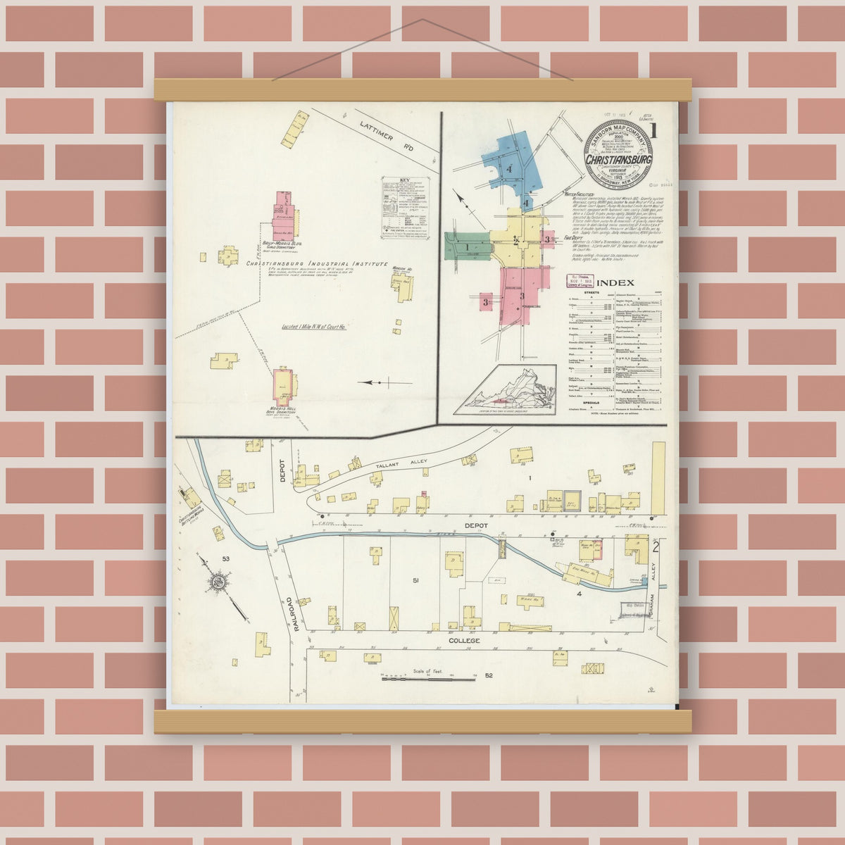 Old map wall art mockup — magnetic wood frame on brick wall — Sanborn Fire Insurance Map from Christiansburg, Montgomery County, Virginia (1913), Sheet #0001