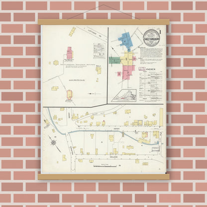 Old map wall art mockup — magnetic wood frame on brick wall — Sanborn Fire Insurance Map from Christiansburg, Montgomery County, Virginia (1913), Sheet #0001
