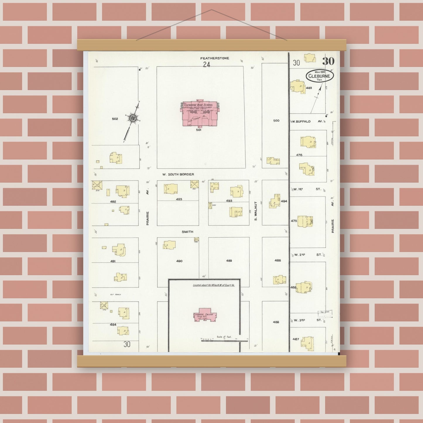 Old map wall art mockup — magnetic wood frame on brick wall — Sanborn Fire Insurance Map from Cleburne, Johnson County, Texas (1910), Sheet #0030