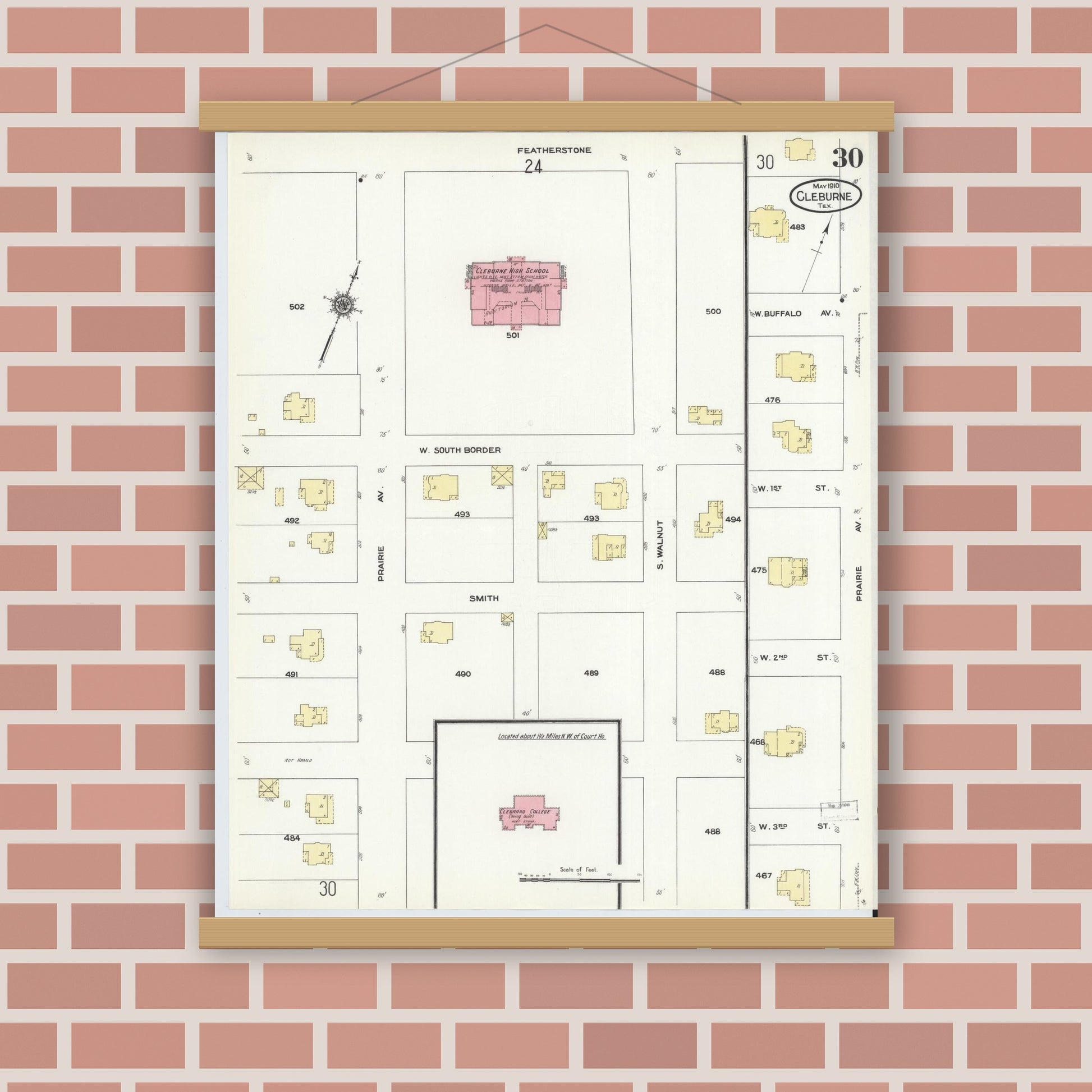Old map wall art mockup — magnetic wood frame on brick wall — Sanborn Fire Insurance Map from Cleburne, Johnson County, Texas (1910), Sheet #0030