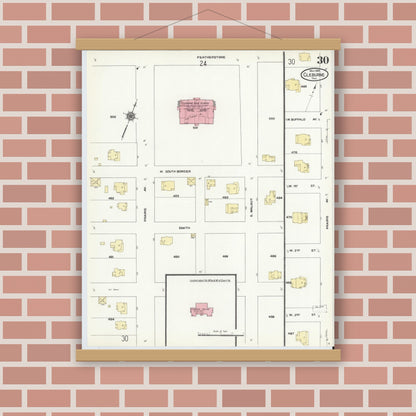 Old map wall art mockup — magnetic wood frame on brick wall — Sanborn Fire Insurance Map from Cleburne, Johnson County, Texas (1910), Sheet #0030