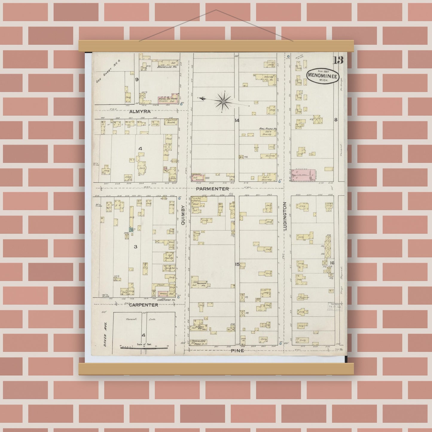 Old map wall art mockup — magnetic wood frame on brick wall — Sanborn Fire Insurance Map from Menominee, Menominee County, Michigan (1887), Sheet #0013