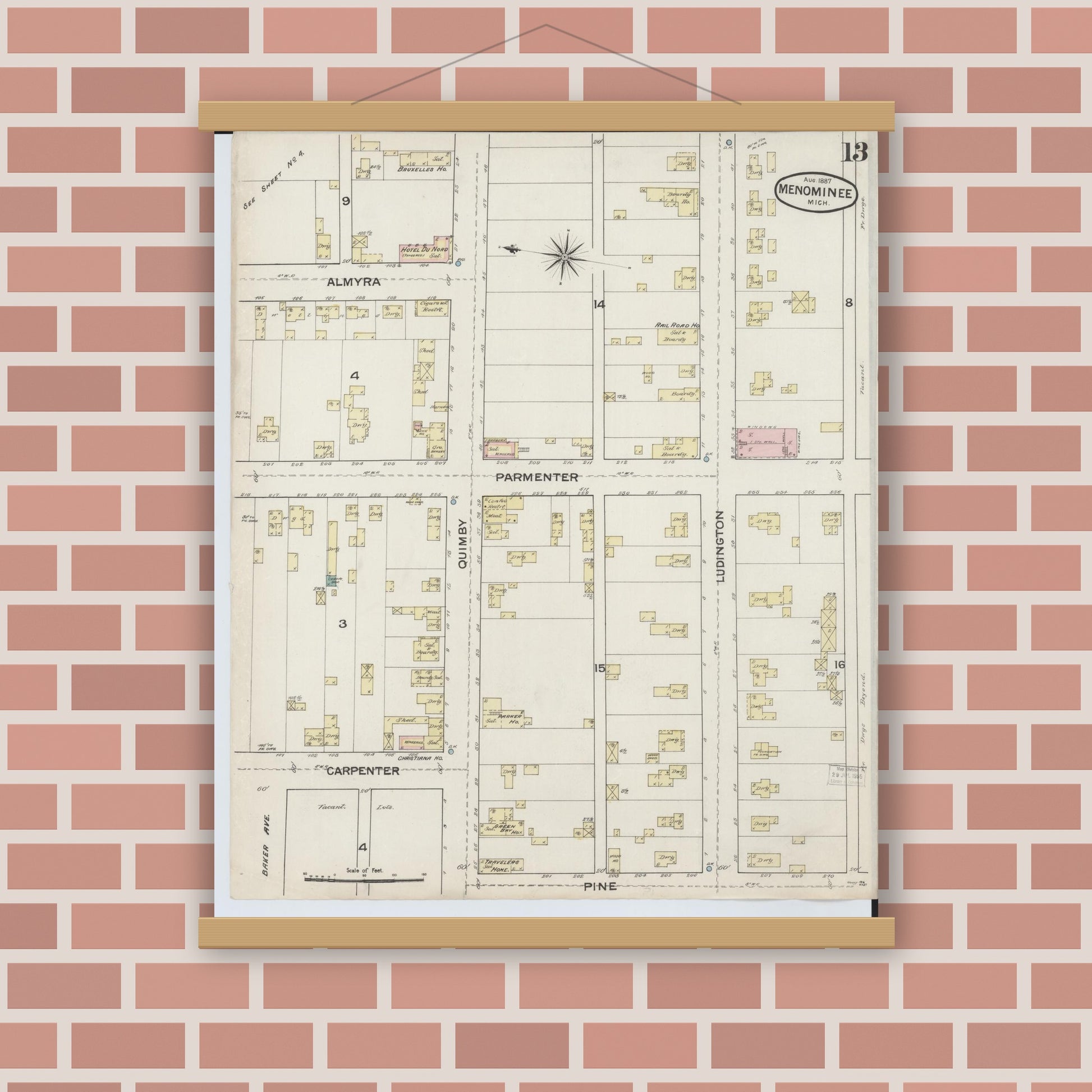 Old map wall art mockup — magnetic wood frame on brick wall — Sanborn Fire Insurance Map from Menominee, Menominee County, Michigan (1887), Sheet #0013