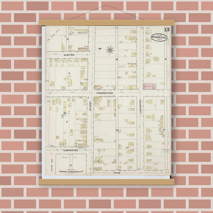 Old map wall art mockup — magnetic wood frame on brick wall — Sanborn Fire Insurance Map from Menominee, Menominee County, Michigan (1887), Sheet #0013