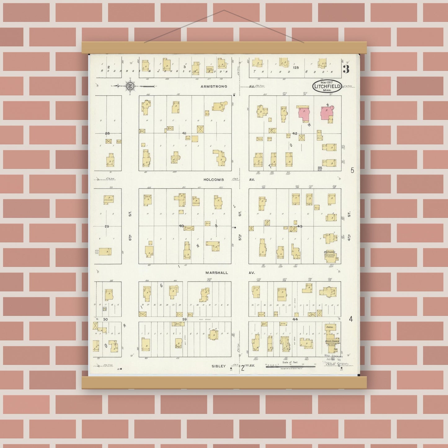 Old map wall art mockup — magnetic wood frame on brick wall — Sanborn Fire Insurance Map from Litchfield, Meeker County, Minnesota (1917), Sheet #0003